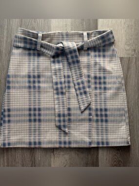 LOFT 2 Petite Plaid Tie-Belt Mini Skirt in Blue and tan